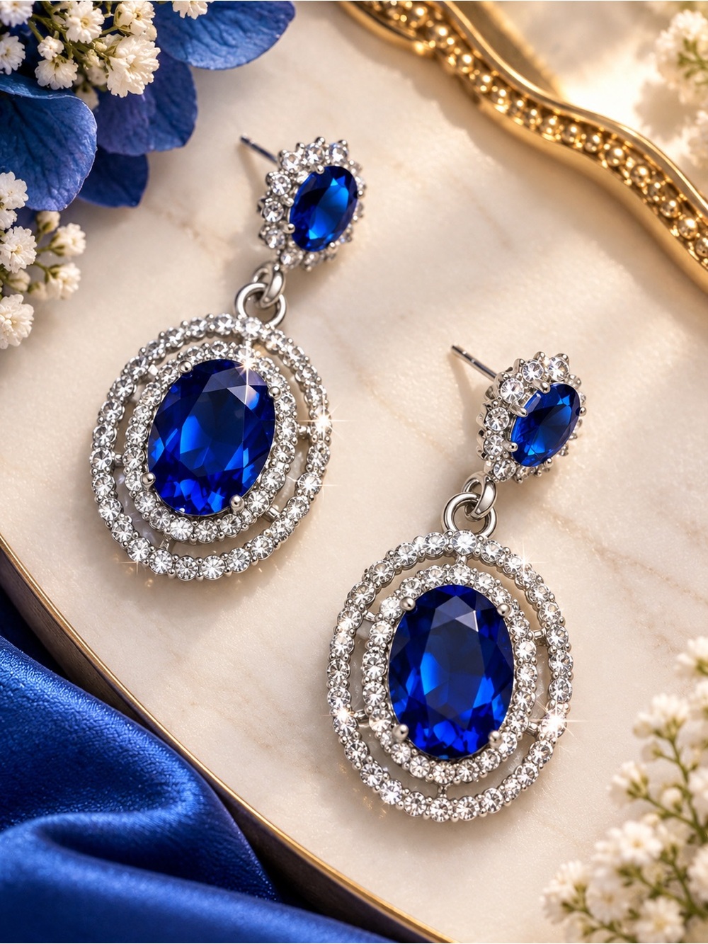 Blue Crystal Halo Drop Earrings - Silver Tone